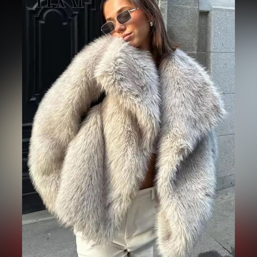 Fur jacket coat gray faux fur chic runway style women’s chunky fuzzy teddy